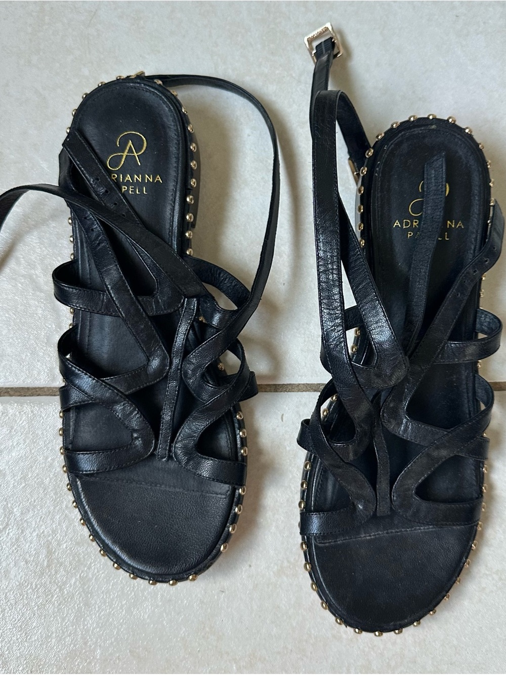 Adrianna Papell Black Leather Studded Lace-Up Sandals
